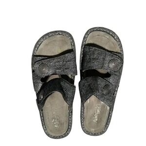 Alegria by PG Lite Womens Metallic Pewter Leather Slide Sandals Medallion 39